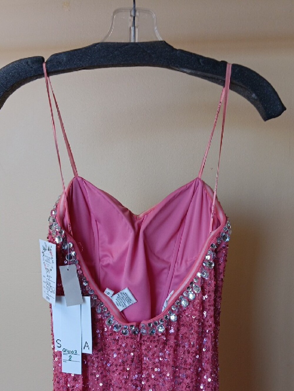 Scala Pink Sequin Slip Dress with Jeweled Neckline, Vintage, Size 8, BEAUTIFUL - Picture 6 of 16